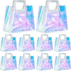 10 Pcs Reusable Holographic Medium Gift Bags with Handle 11''x9.8''x5.7'' Iridescent Bachelorette Party Favor Bags Clear PVC Tote Goodie Bags for Shopping, Picnics, Baby Showers, Weddings, Holidays