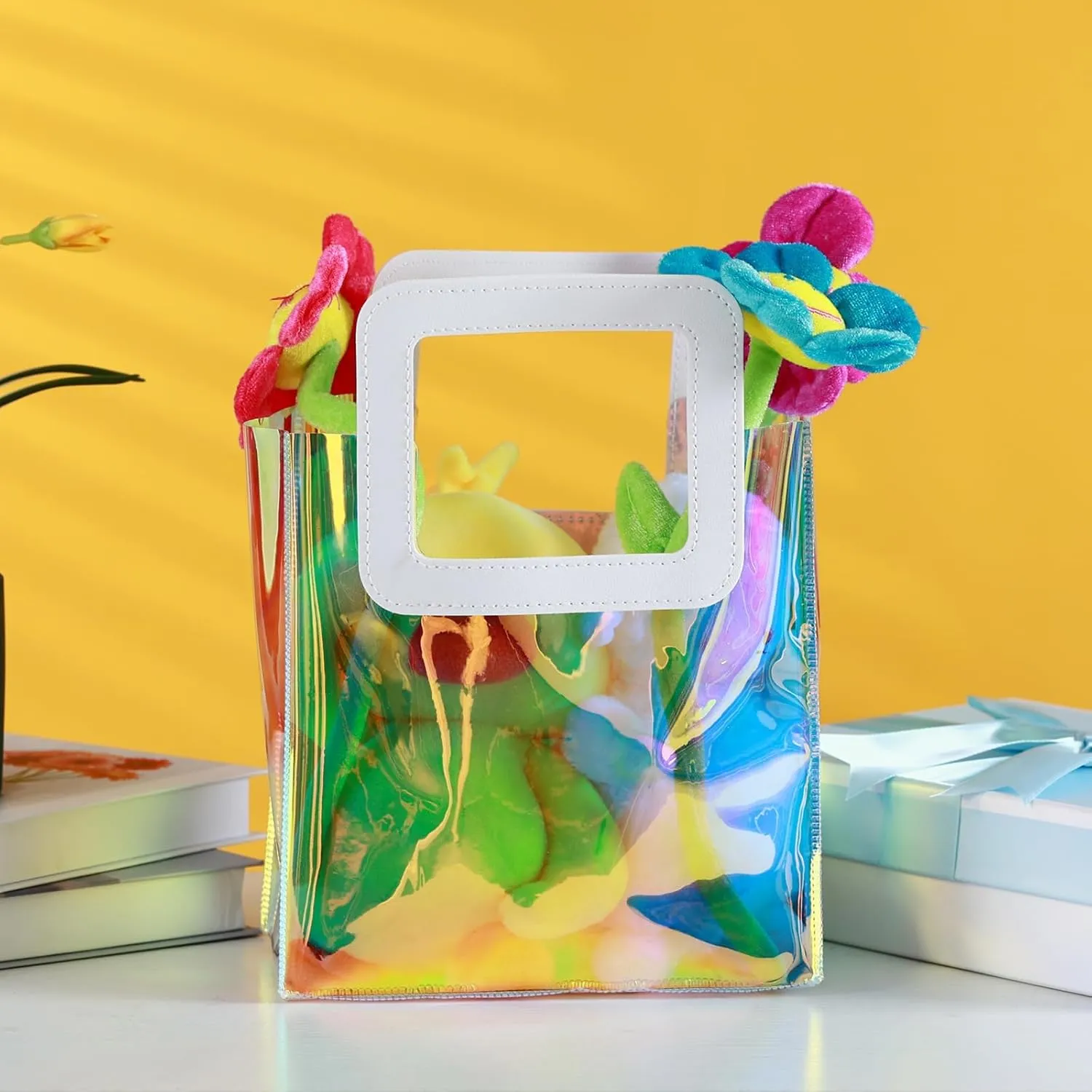 10 Pcs Reusable Holographic Medium Gift Bags with Handle 11''x9.8''x5.7'' Iridescent Bachelorette Party Favor Bags Clear PVC Tote Goodie Bags for Shopping, Picnics, Baby Showers, Weddings, Holidays