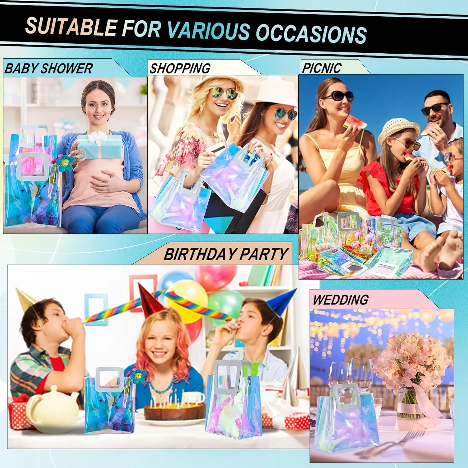 10 Pcs Reusable Holographic Medium Gift Bags with Handle 11''x9.8''x5.7'' Iridescent Bachelorette Party Favor Bags Clear PVC Tote Goodie Bags for Shopping, Picnics, Baby Showers, Weddings, Holidays