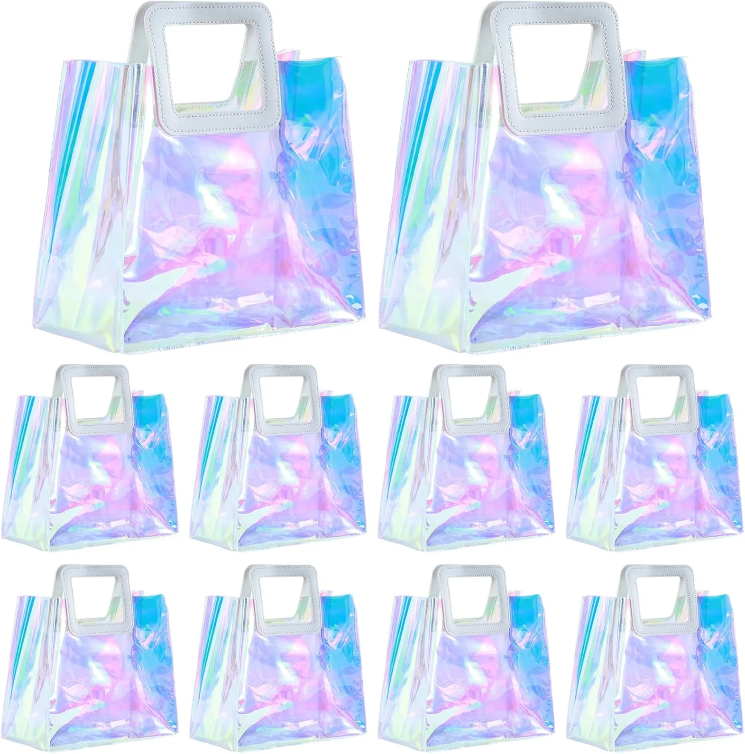 10 Pcs Reusable Holographic Medium Gift Bags with Handle 11''x9.8''x5.7'' Iridescent Bachelorette Party Favor Bags Clear PVC Tote Goodie Bags for Shopping, Picnics, Baby Showers, Weddings, Holidays