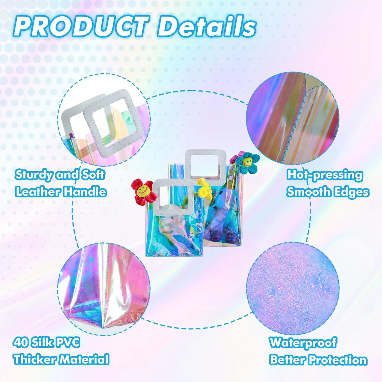10 Pcs Reusable Holographic Medium Gift Bags with Handle 11''x9.8''x5.7'' Iridescent Bachelorette Party Favor Bags Clear PVC Tote Goodie Bags for Shopping, Picnics, Baby Showers, Weddings, Holidays