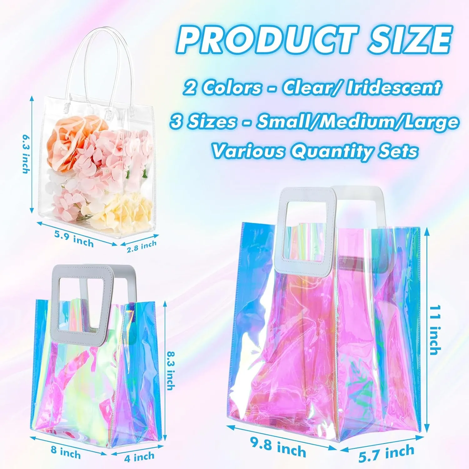 10 Pcs Reusable Holographic Medium Gift Bags with Handle 11''x9.8''x5.7'' Iridescent Bachelorette Party Favor Bags Clear PVC Tote Goodie Bags for Shopping, Picnics, Baby Showers, Weddings, Holidays