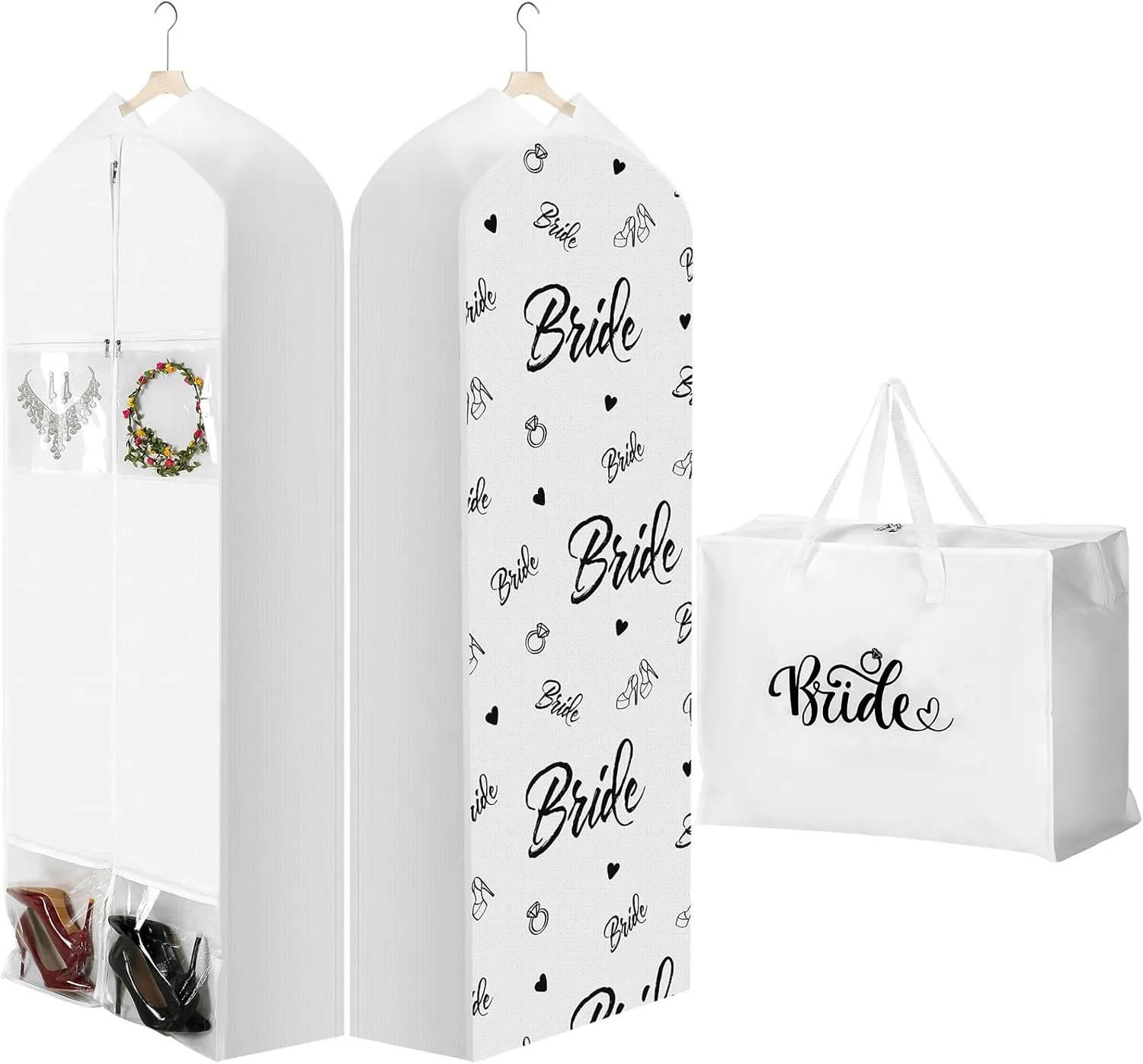 2 Packs 70" Wedding Dress Garment Bag with 15" Gusseted Wedding Garment Tote Bag for Storage and Travel Prom