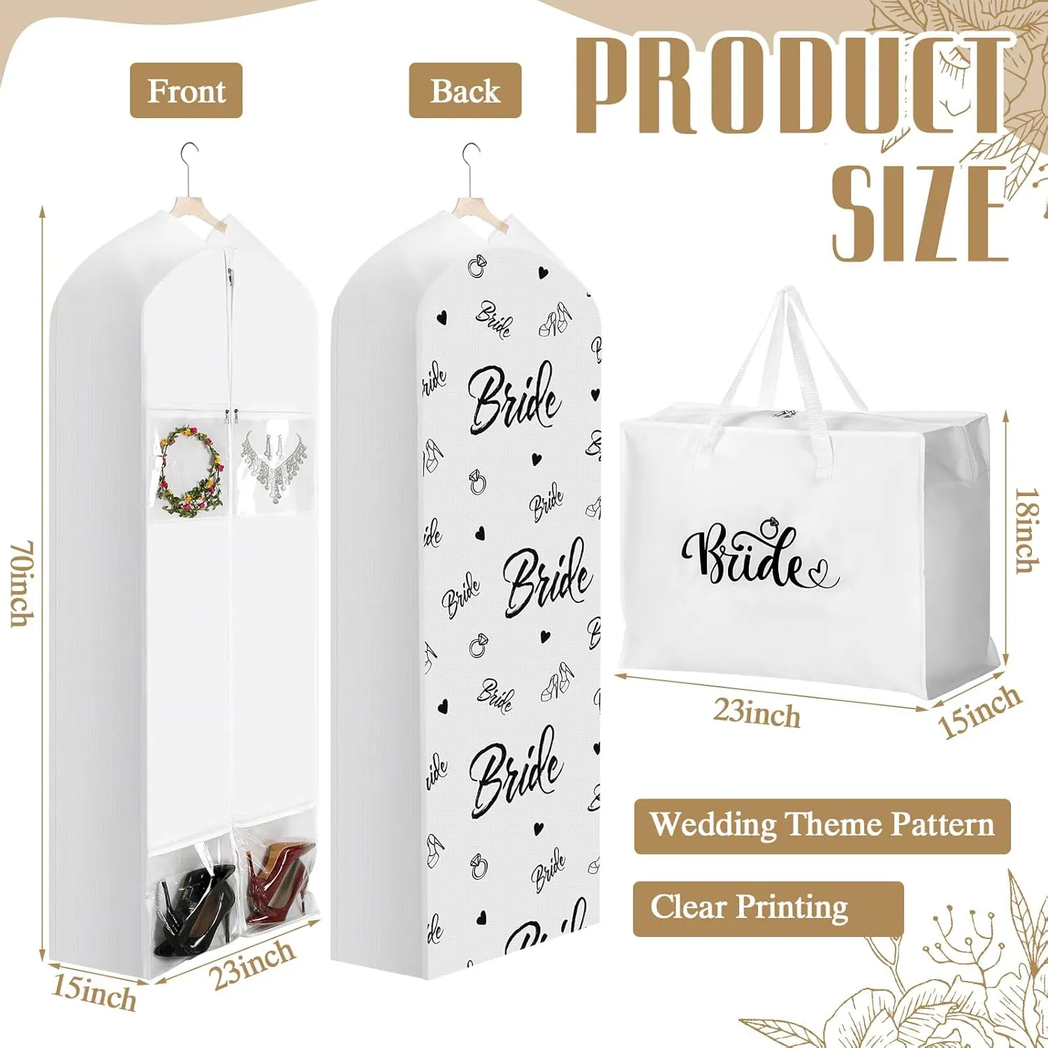 2 Packs 70" Wedding Dress Garment Bag with 15" Gusseted Wedding Garment Tote Bag for Storage and Travel Prom