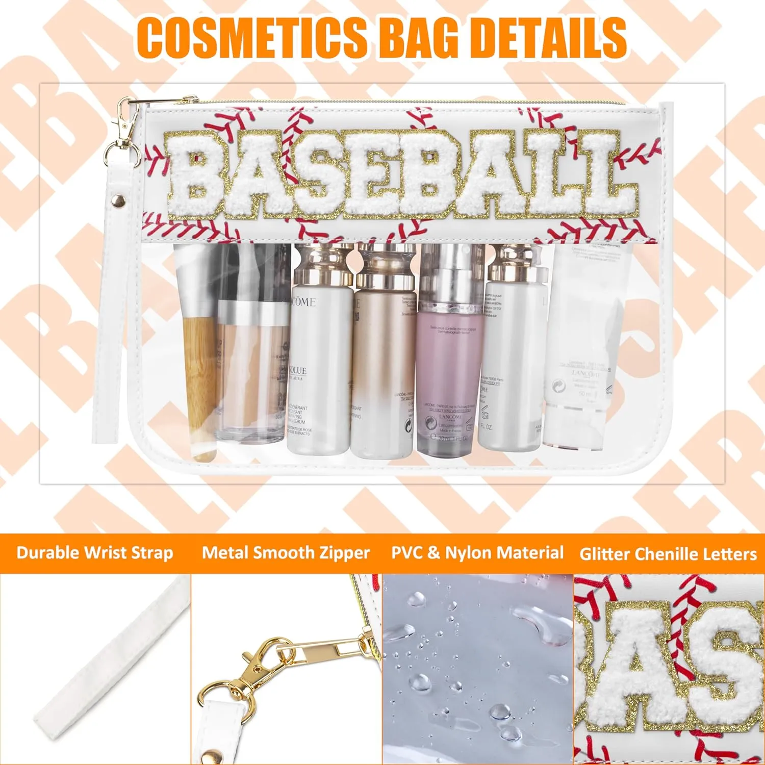 2 Pcs Baseball Gifts Cosmetic Makeup Bag with Chenille Letter Patch, Clear Pouch PVC Organizer Purse, Waterproof Travel Bag, Portable Toiletry Storage Bag for Her Girls Friends Women