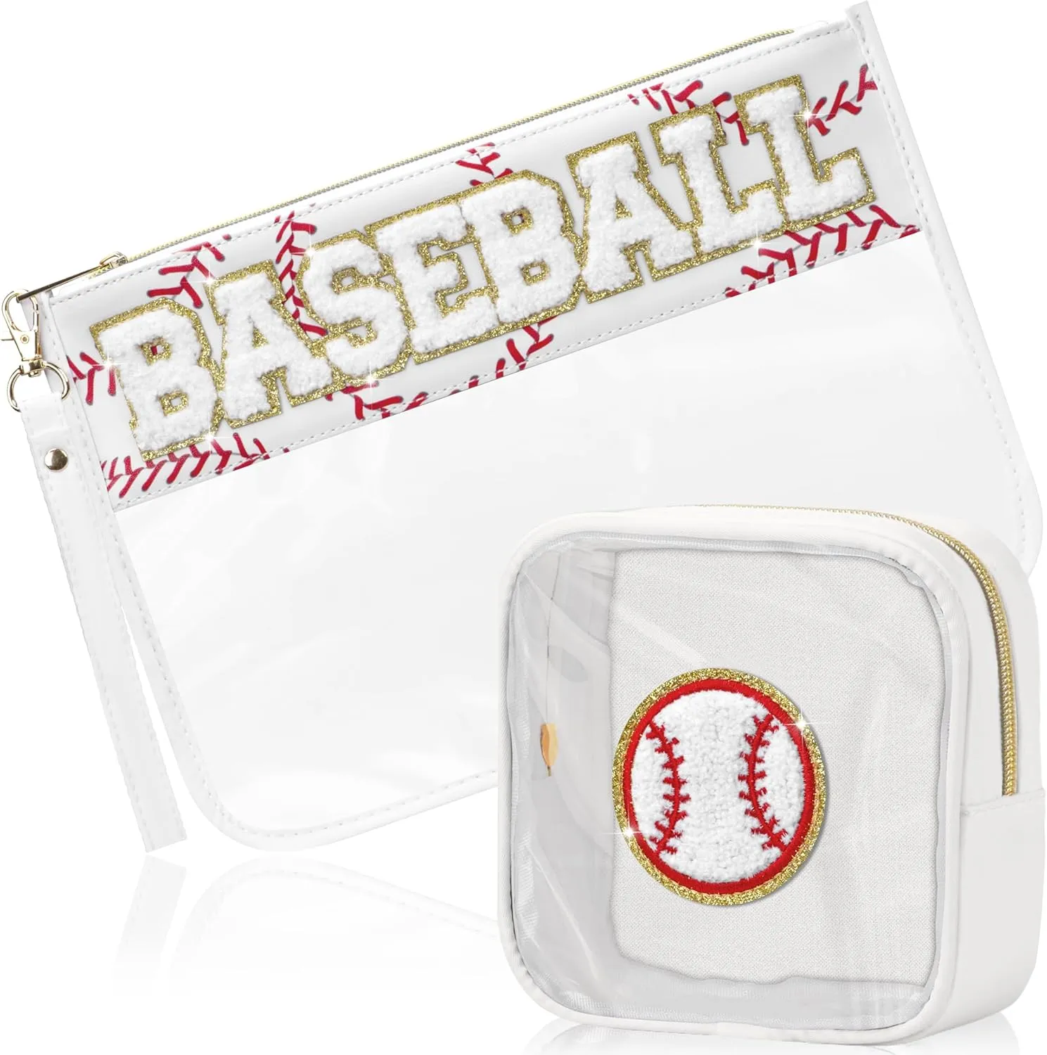 2 Pcs Baseball Gifts Cosmetic Makeup Bag with Chenille Letter Patch, Clear Pouch PVC Organizer Purse, Waterproof Travel Bag, Portable Toiletry Storage Bag for Her Girls Friends Women