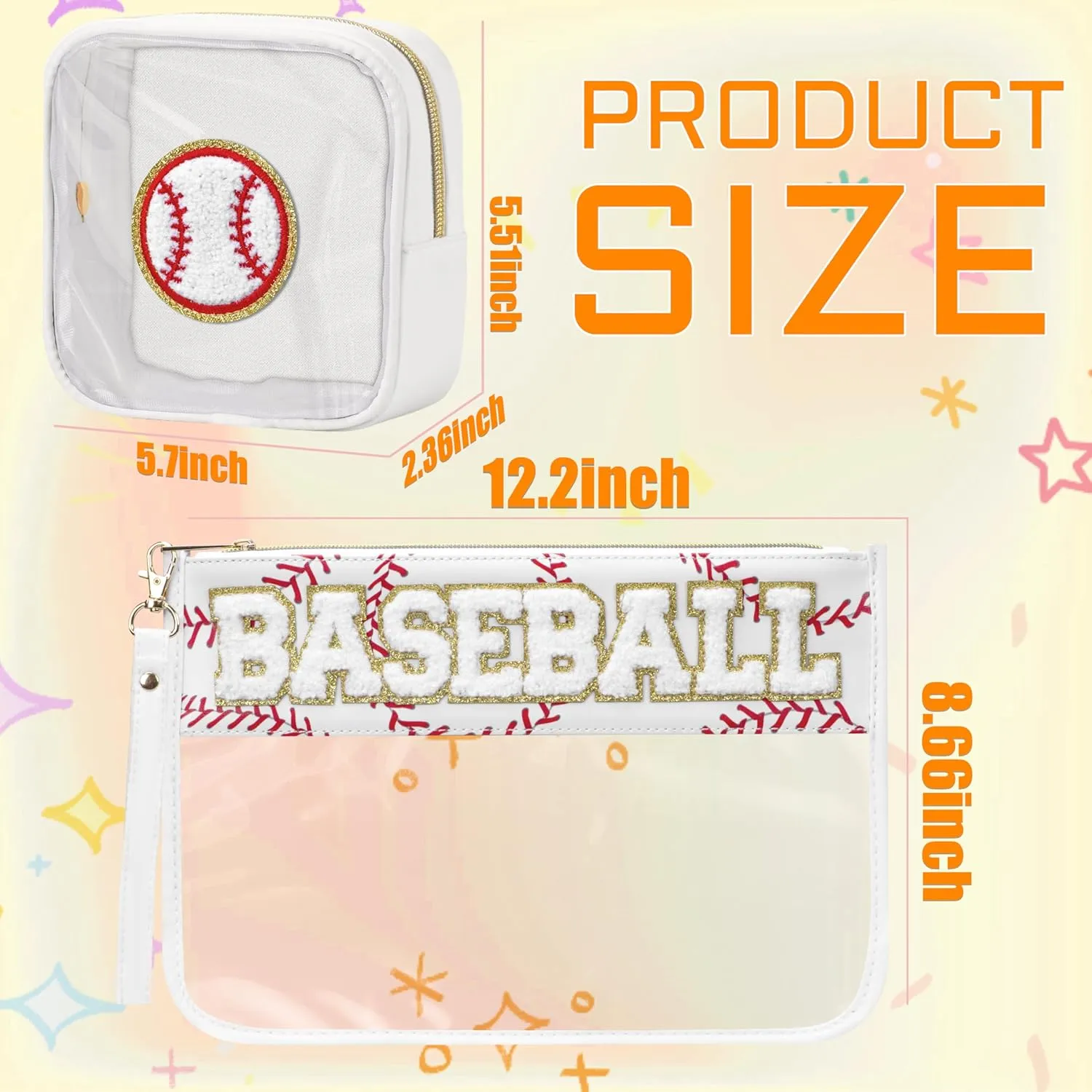 2 Pcs Baseball Gifts Cosmetic Makeup Bag with Chenille Letter Patch, Clear Pouch PVC Organizer Purse, Waterproof Travel Bag, Portable Toiletry Storage Bag for Her Girls Friends Women