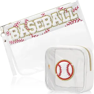 2 Pcs Baseball Gifts Cosmetic Makeup Bag with Chenille Letter Patch, Clear Pouch PVC Organizer Purse, Waterproof Travel Bag, Portable Toiletry Storage Bag for Her Girls Friends Women