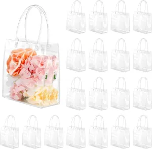 20 Pcs Small Clear Gift Bags with Handle 5.9" x 6.3" x 2.8" Reusable Clear Party Favor Bags Mini Transparent Gift Bags Plastic Tote Goodie Bags for Birthday, Baby Shower, Wedding, Holidays (6 Mils)