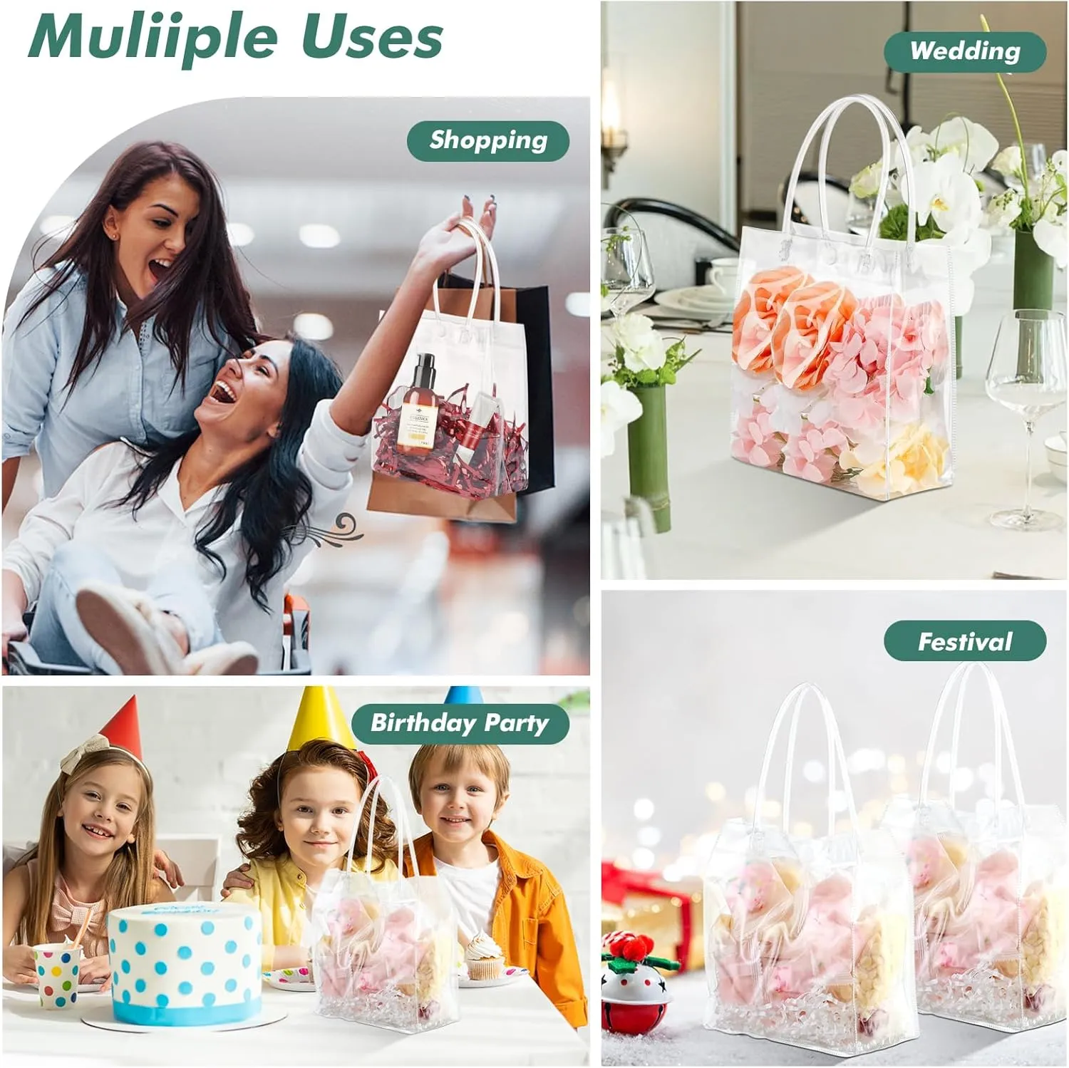 20 Pcs Small Clear Gift Bags with Handle 5.9" x 6.3" x 2.8" Reusable Clear Party Favor Bags Mini Transparent Gift Bags Plastic Tote Goodie Bags for Birthday, Baby Shower, Wedding, Holidays (6 Mils)