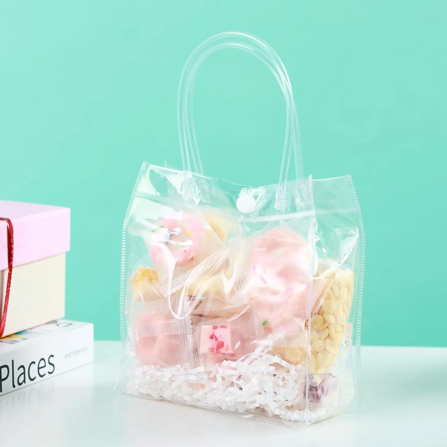 20 Pcs Small Clear Gift Bags with Handle 5.9" x 6.3" x 2.8" Reusable Clear Party Favor Bags Mini Transparent Gift Bags Plastic Tote Goodie Bags for Birthday, Baby Shower, Wedding, Holidays (6 Mils)