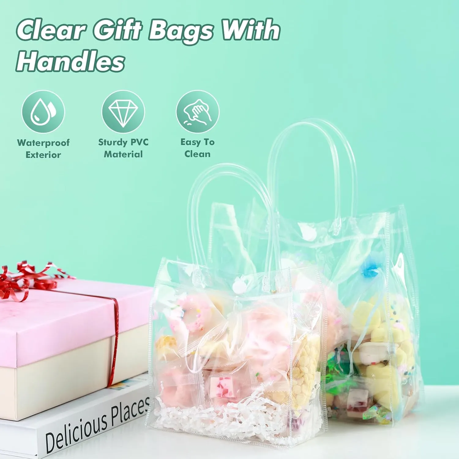 20 Pcs Small Clear Gift Bags with Handle 5.9" x 6.3" x 2.8" Reusable Clear Party Favor Bags Mini Transparent Gift Bags Plastic Tote Goodie Bags for Birthday, Baby Shower, Wedding, Holidays (6 Mils)