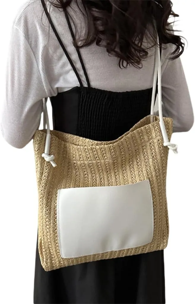 2024 Woven Bags Fashion Straw Weave Bucket Bags Large Capacity Bag Casual Handbag Shoulder Bag for Women Girl