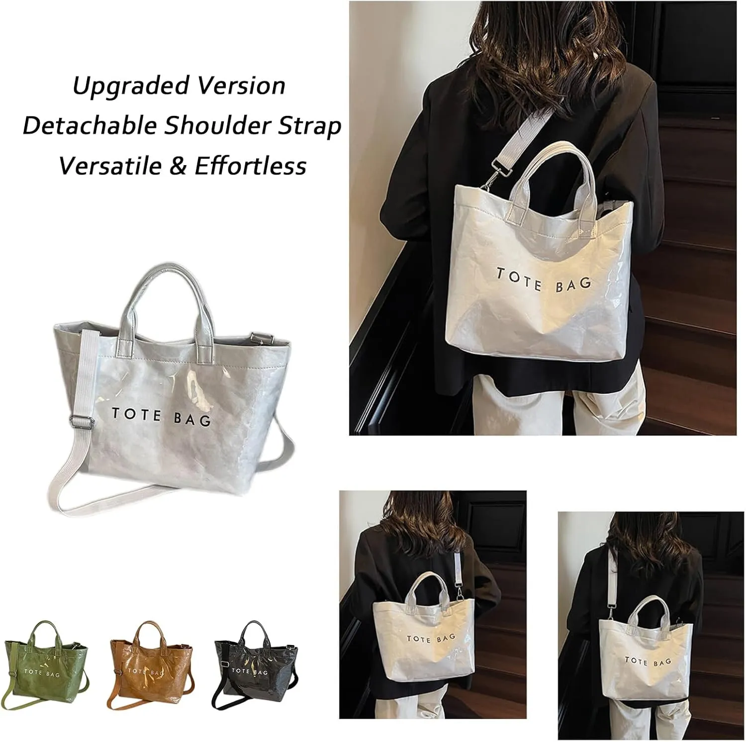 2025 Upgraded PVC Tote Bag for Women with Detachable Crossbody Strap, Letters Print Large Clear Designer Hobo Handbag