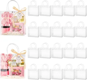 24 Pack Clear Plastic Gift Bags with Handles, Party Favor Bags with Ribbons and Tags, Reusable Goodie Tote Bags for Wedding Baby Shower Mother's Day (7.9” x 7.9” x 3.2")
