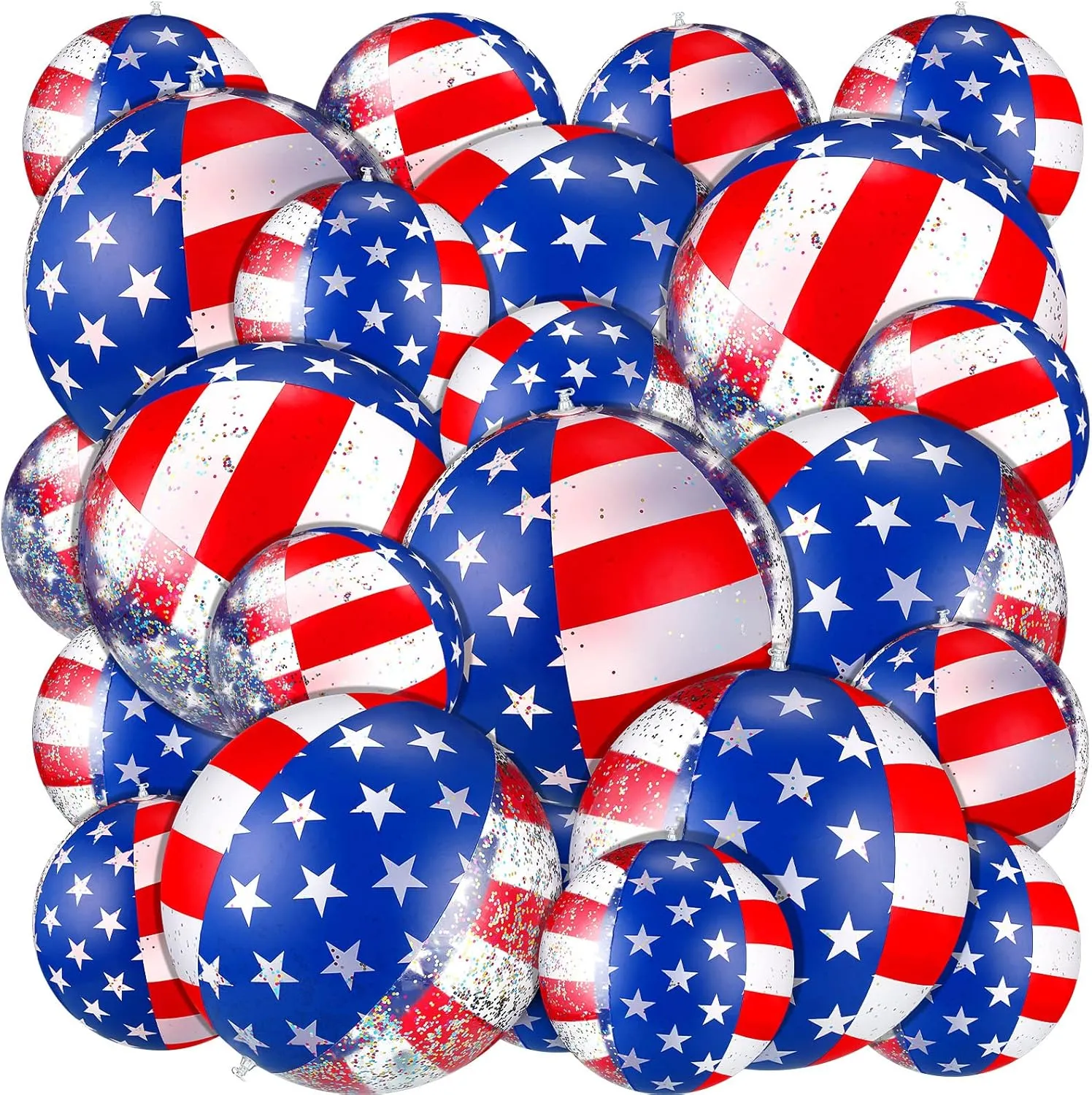 24 Pcs 4th of July Inflatable Beach Balls Bulk, 16 Inch 8 Inch USA Flag Patriotic Beach Balls Large Glitter Swimming Pool Inflatable Ball for Independence Day Decorations Summer Outdoor Pool Toys Game