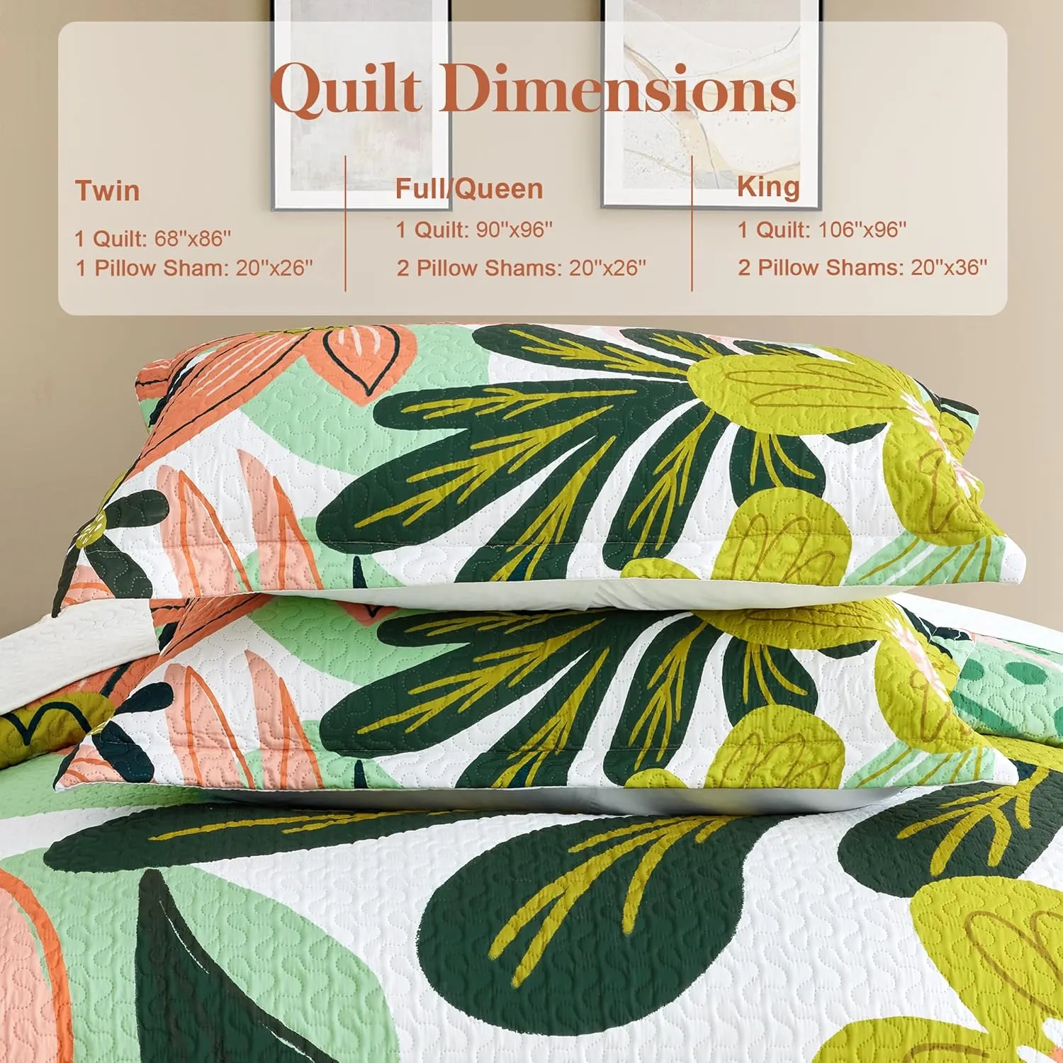 3 Piece Boho Floral King Size Quilt Sets Farmhouse Reversible Lightweight Bedspread Coverlet with 2 Shams Mid Century Botanical Leaves Microfiber Bedding Quilts Set for All Season, 106''x96''