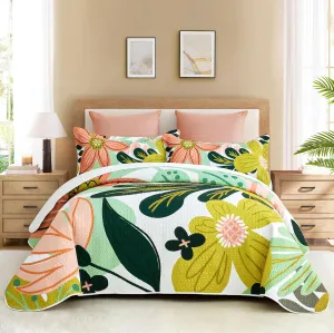 3 Piece Boho Floral King Size Quilt Sets Farmhouse Reversible Lightweight Bedspread Coverlet with 2 Shams Mid Century Botanical Leaves Microfiber Bedding Quilts Set for All Season, 106''x96''