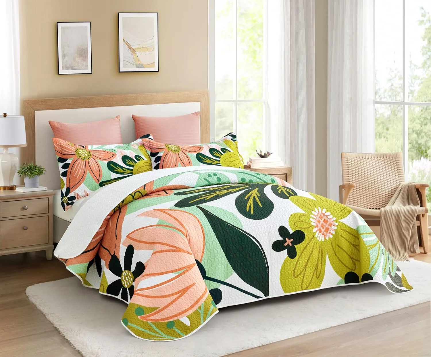 3 Piece Boho Floral King Size Quilt Sets Farmhouse Reversible Lightweight Bedspread Coverlet with 2 Shams Mid Century Botanical Leaves Microfiber Bedding Quilts Set for All Season, 106''x96''