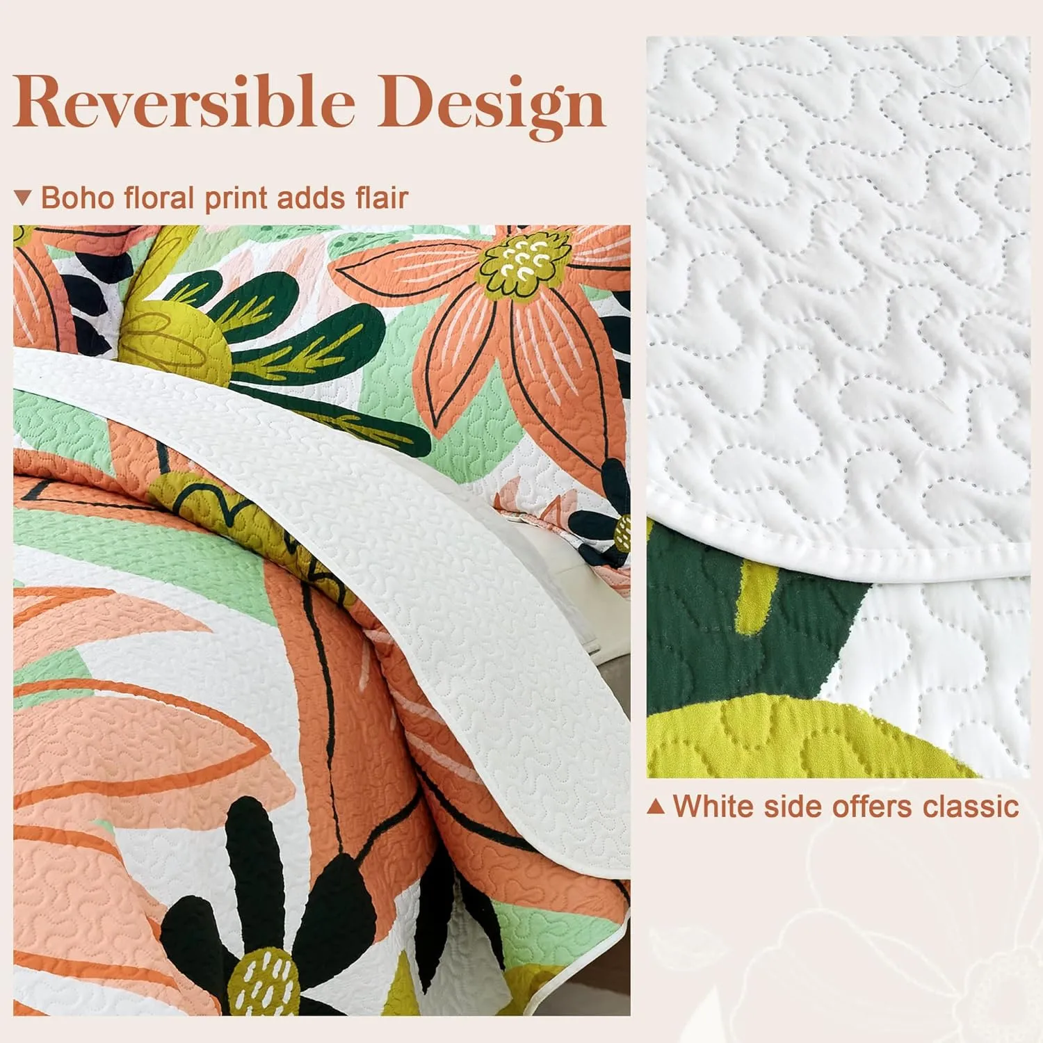 3 Piece Boho Floral King Size Quilt Sets Farmhouse Reversible Lightweight Bedspread Coverlet with 2 Shams Mid Century Botanical Leaves Microfiber Bedding Quilts Set for All Season, 106''x96''