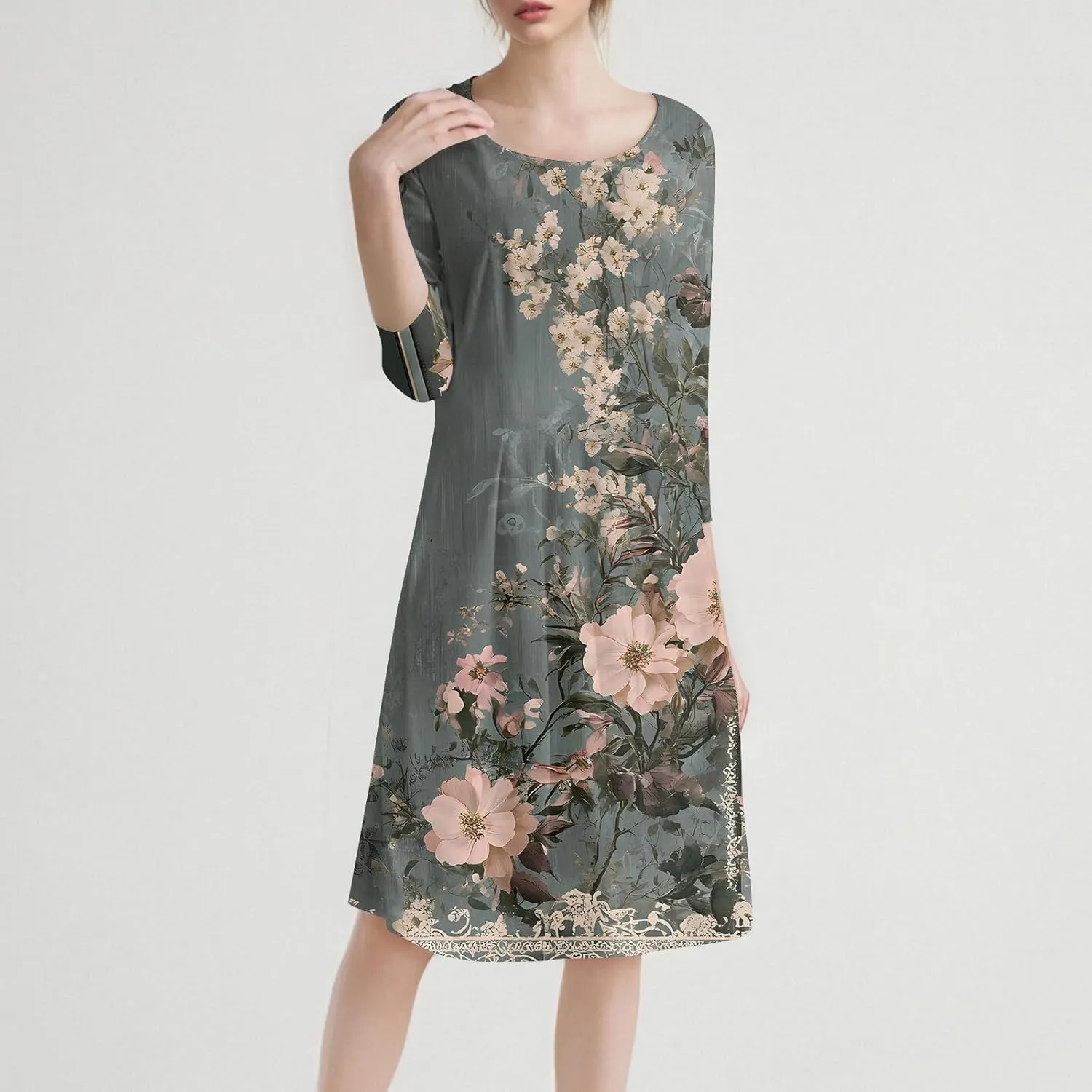 3/4 Sleeve Ladies Fashion Summer Dress Floral Print Round Neck Casual Beach Sundress Midi Dresses with Pockets