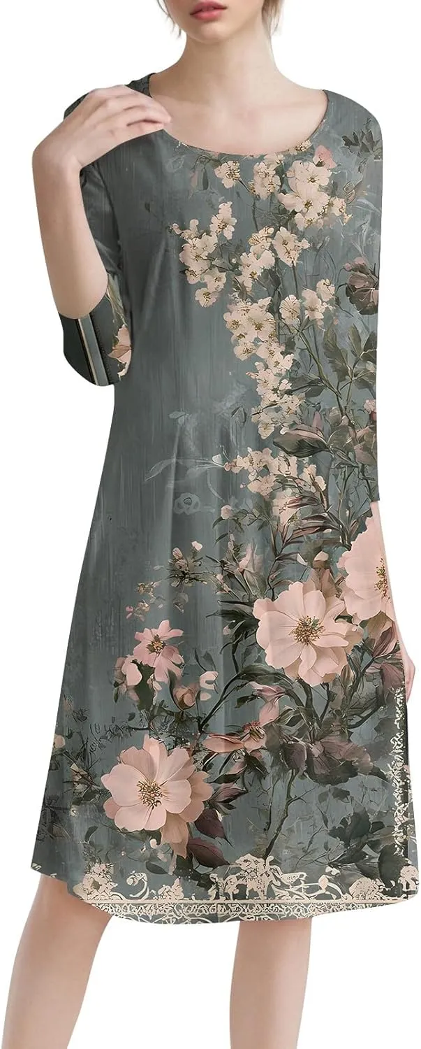 3/4 Sleeve Ladies Fashion Summer Dress Floral Print Round Neck Casual Beach Sundress Midi Dresses with Pockets