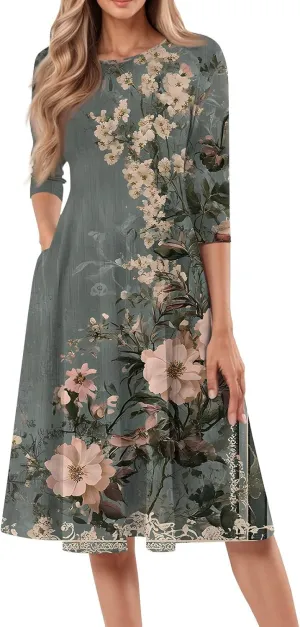 3/4 Sleeve Ladies Fashion Summer Dress Floral Print Round Neck Casual Beach Sundress Midi Dresses with Pockets