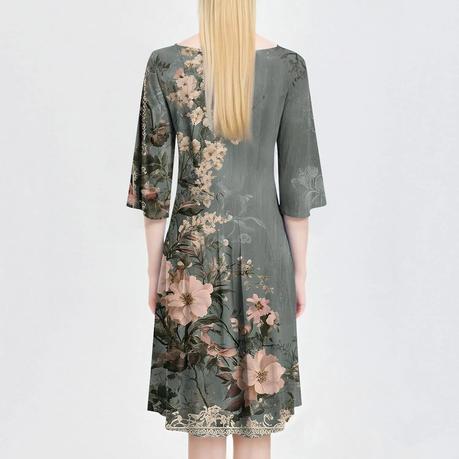 3/4 Sleeve Ladies Fashion Summer Dress Floral Print Round Neck Casual Beach Sundress Midi Dresses with Pockets