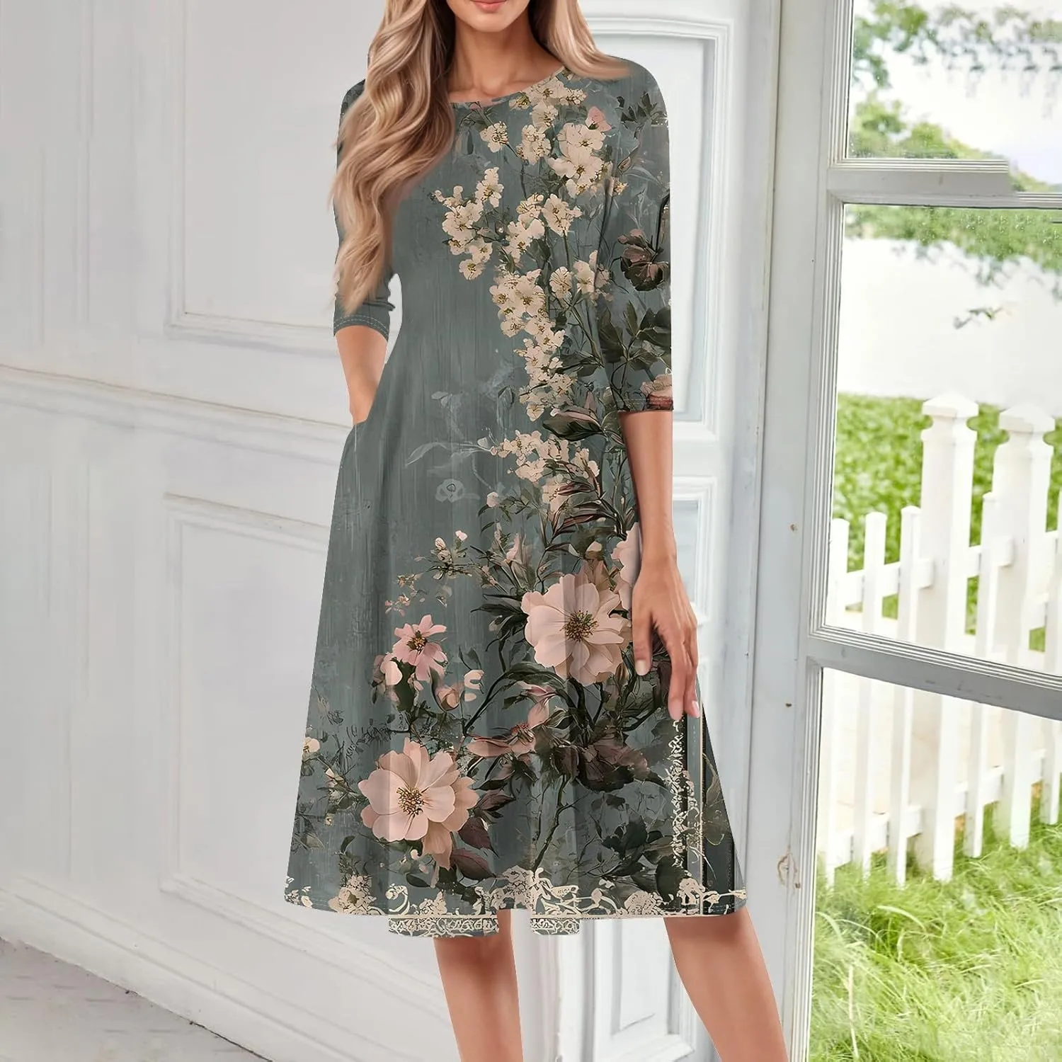 3/4 Sleeve Ladies Fashion Summer Dress Floral Print Round Neck Casual Beach Sundress Midi Dresses with Pockets
