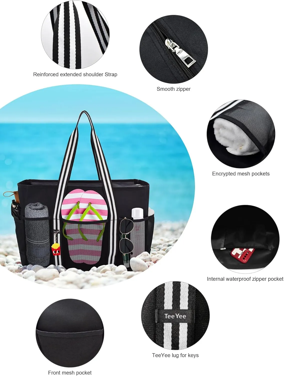 35L Large Beach Waterproof Tote Bag for Family Tote Bag with Zipper for Vacation Pool Bag Beach Accessories