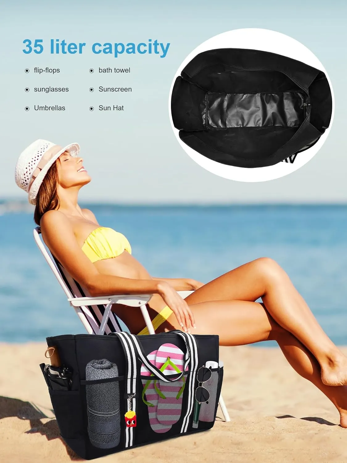 35L Large Beach Waterproof Tote Bag for Family Tote Bag with Zipper for Vacation Pool Bag Beach Accessories