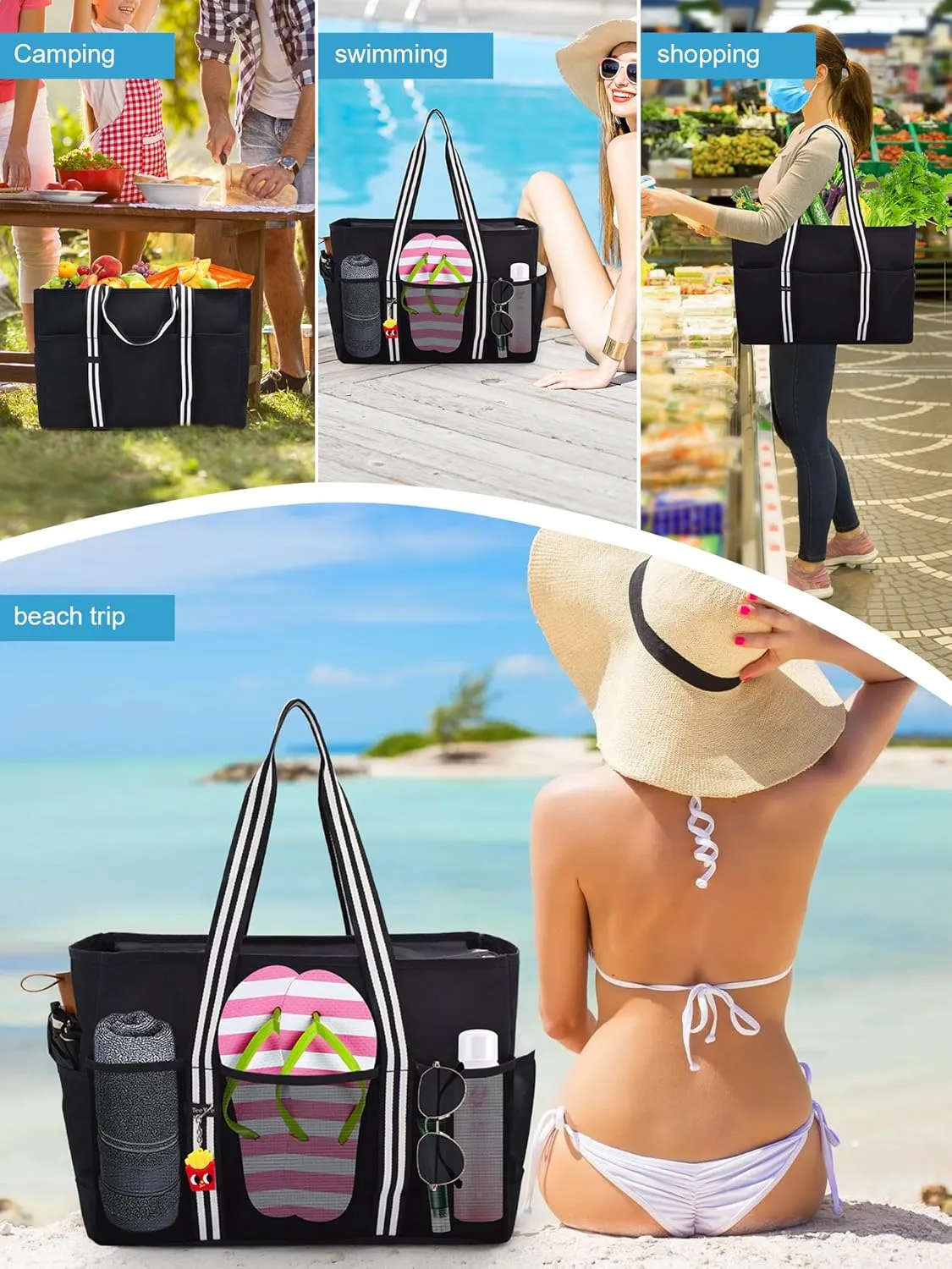 35L Large Beach Waterproof Tote Bag for Family Tote Bag with Zipper for Vacation Pool Bag Beach Accessories