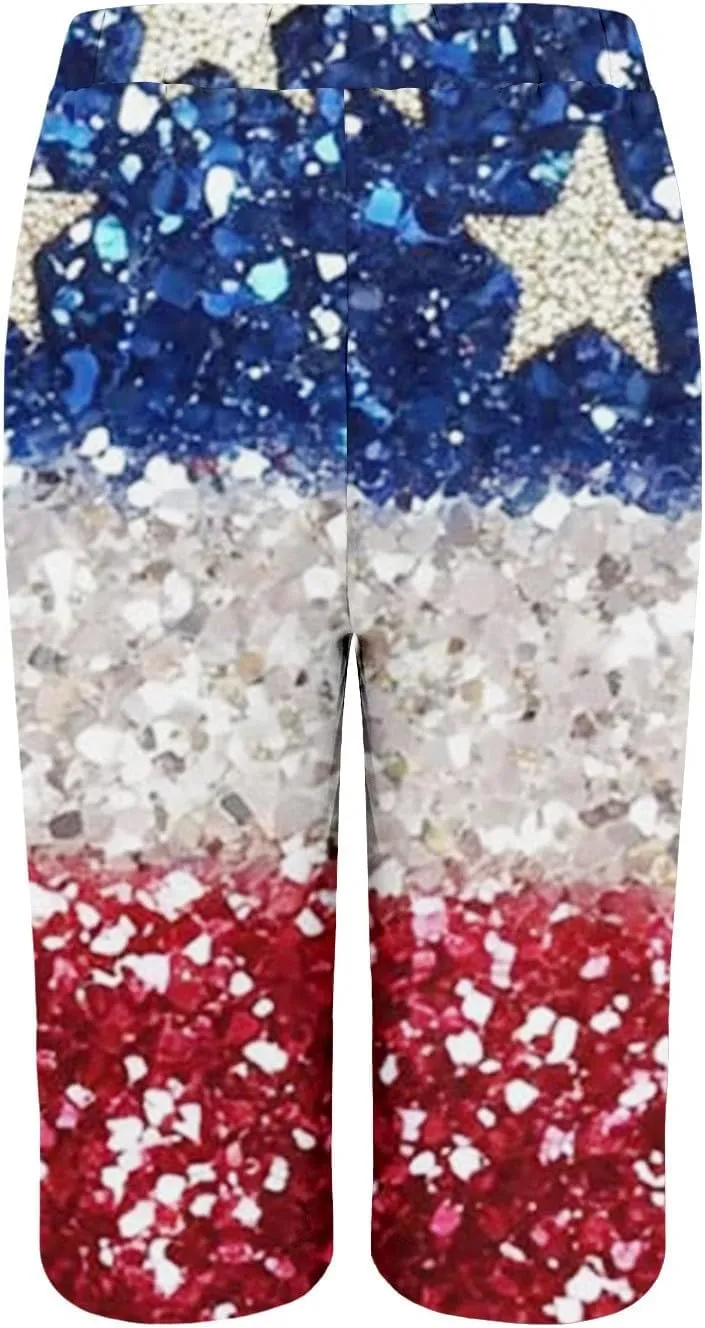 4th of July Bermuda Linen Shorts for Women Wide Leg Knee Length Long Shorts Summer Loose American Flag Printed Pants