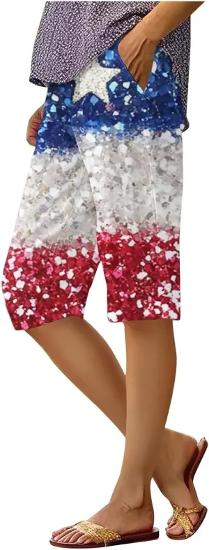 4th of July Bermuda Linen Shorts for Women Wide Leg Knee Length Long Shorts Summer Loose American Flag Printed Pants
