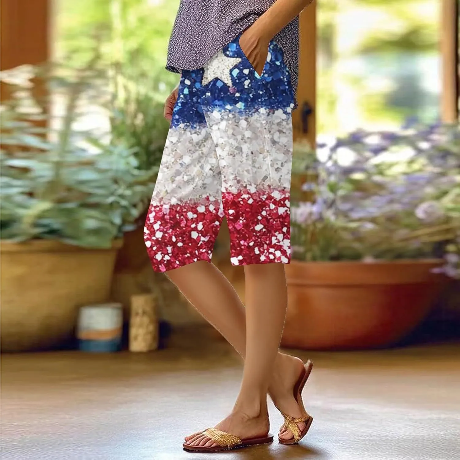 4th of July Bermuda Linen Shorts for Women Wide Leg Knee Length Long Shorts Summer Loose American Flag Printed Pants