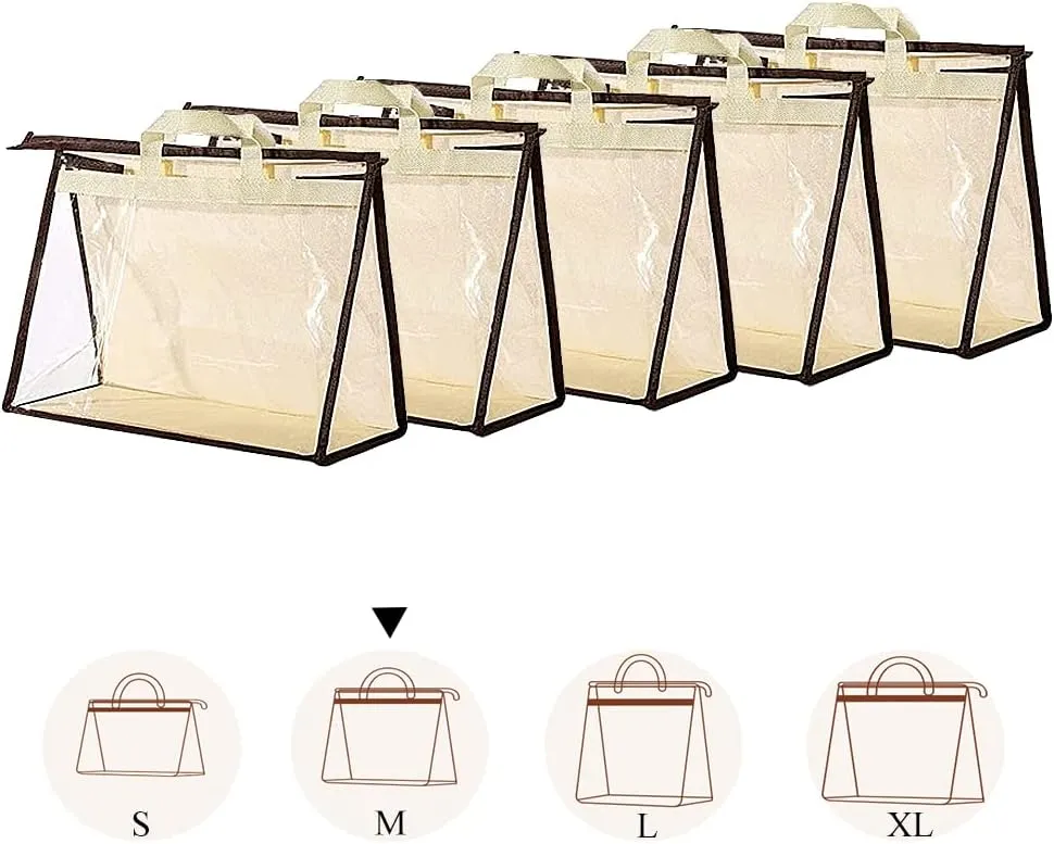 5 PCS Hanging Handbag Storage Organizer Non-Woven Transparent Dust-proof Homewares Purse Wallet Closet Storage Bag with Zipper and Handle (M)