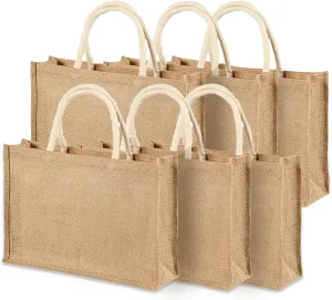 6 Pack Reusable Burlap Tote Bag,Large Jute Bag Handle Grocery Shopping Bags Water Resistant Bridesmaid Burlap Bag for Travel Beach