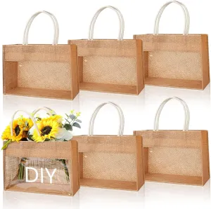 6 Pcs Burlap Tote Bags with Transparent PVC Film Window Reusable DIY Jute Bags Blank Large Tote Bags with Handles Burlap Gift Bags Grocery Shopping Bags for Bachelorette Wedding