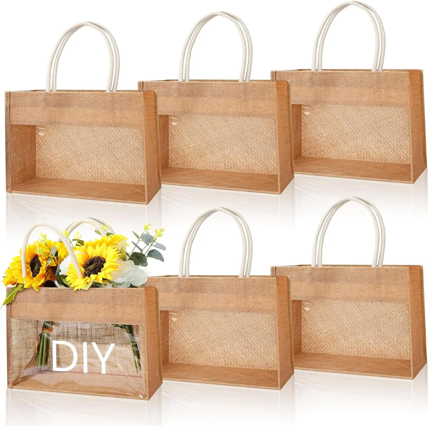 6 Pcs Burlap Tote Bags with Transparent PVC Film Window Reusable DIY Jute Bags Blank Large Tote Bags with Handles Burlap Gift Bags Grocery Shopping Bags for Bachelorette Wedding