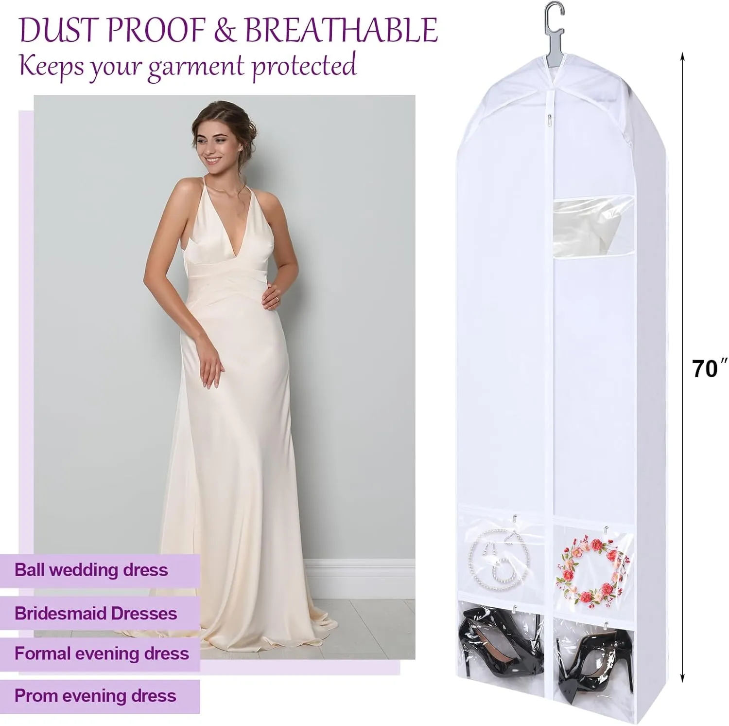 70" Oxford Foldable Wedding Dress Garment Bag Bride Tote Bag 4 Pockets Bride Gowns Bag for Prom Evening Dress