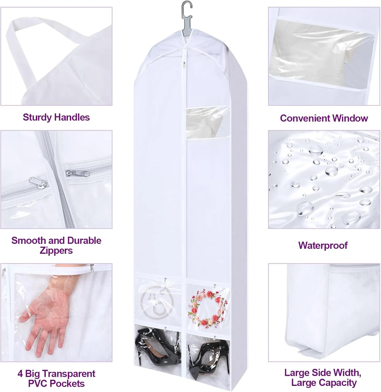 70" Oxford Foldable Wedding Dress Garment Bag Bride Tote Bag 4 Pockets Bride Gowns Bag for Prom Evening Dress