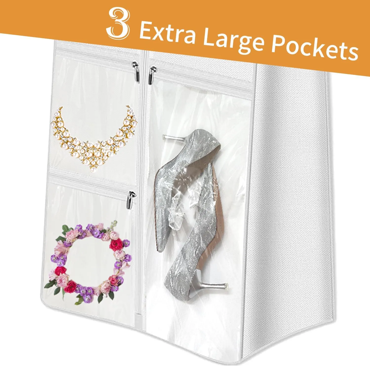 72" Wedding Dress Garment Bag with 10'' Gusseted Dress Bags for Gowns Long 4 Pockets Dress Cover for Women, White
