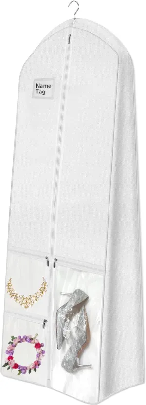 72" Wedding Dress Garment Bag with 10'' Gusseted Dress Bags for Gowns Long 4 Pockets Dress Cover for Women, White