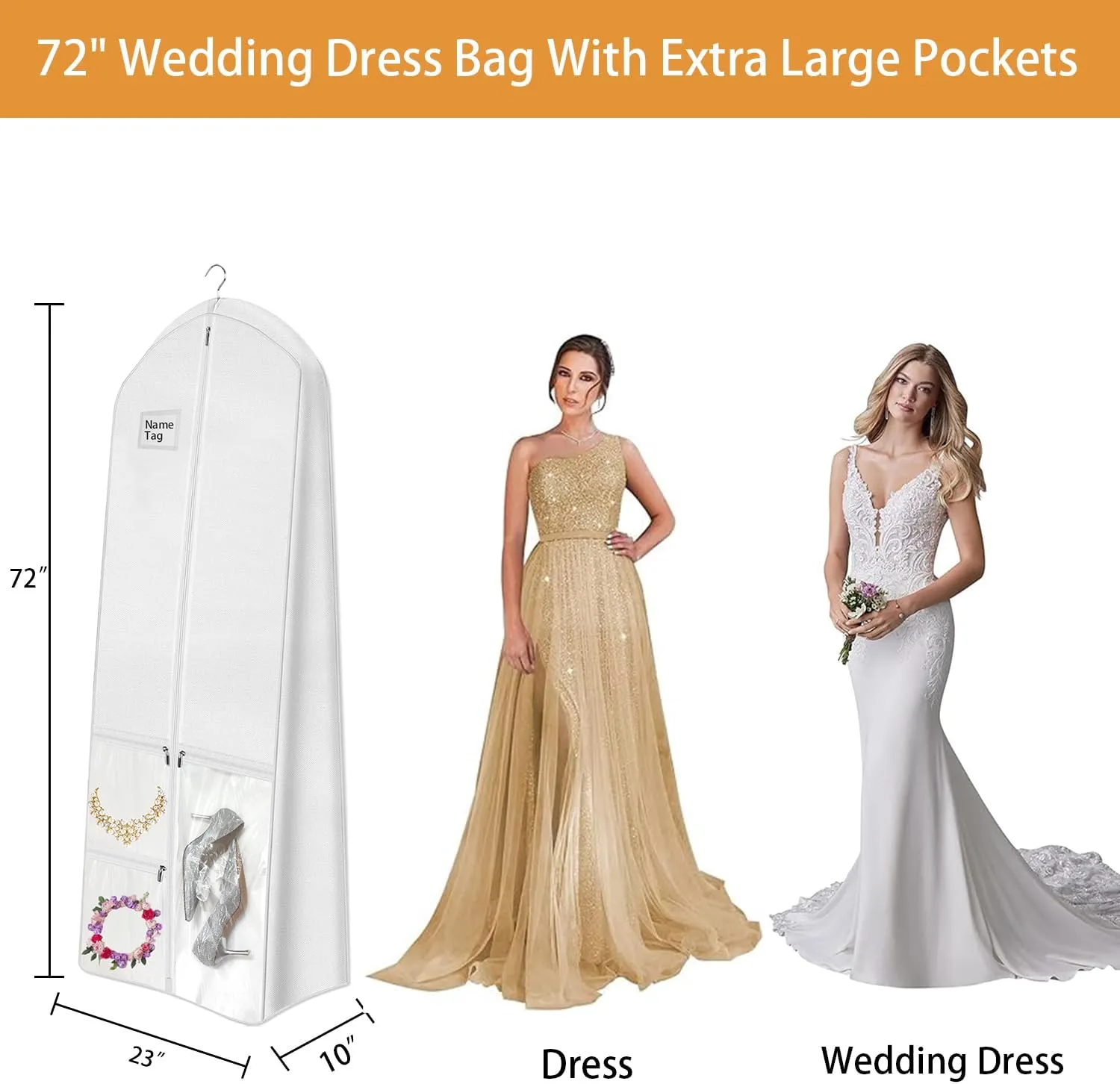 72" Wedding Dress Garment Bag with 10'' Gusseted Dress Bags for Gowns Long 4 Pockets Dress Cover for Women, White