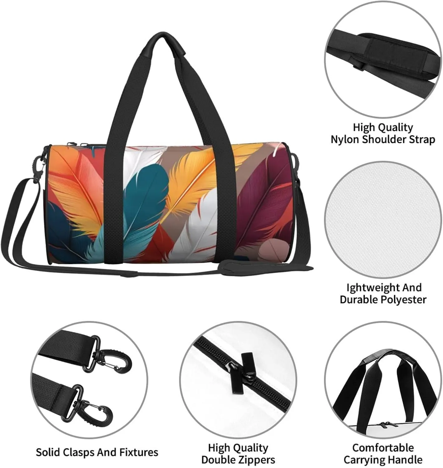 Abstract Feathers Printed Travel Bag,Round Personal Item Storage bag,Foldie Duffel Bag for Traveling Vacation,Fitness,Sports