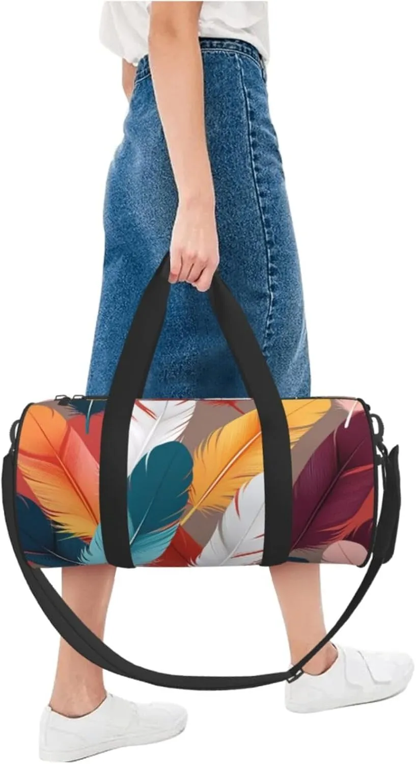Abstract Feathers Printed Travel Bag,Round Personal Item Storage bag,Foldie Duffel Bag for Traveling Vacation,Fitness,Sports
