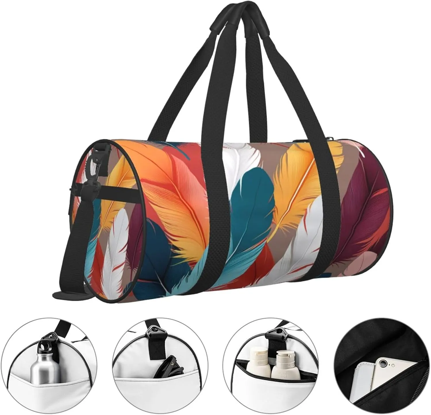 Abstract Feathers Printed Travel Bag,Round Personal Item Storage bag,Foldie Duffel Bag for Traveling Vacation,Fitness,Sports