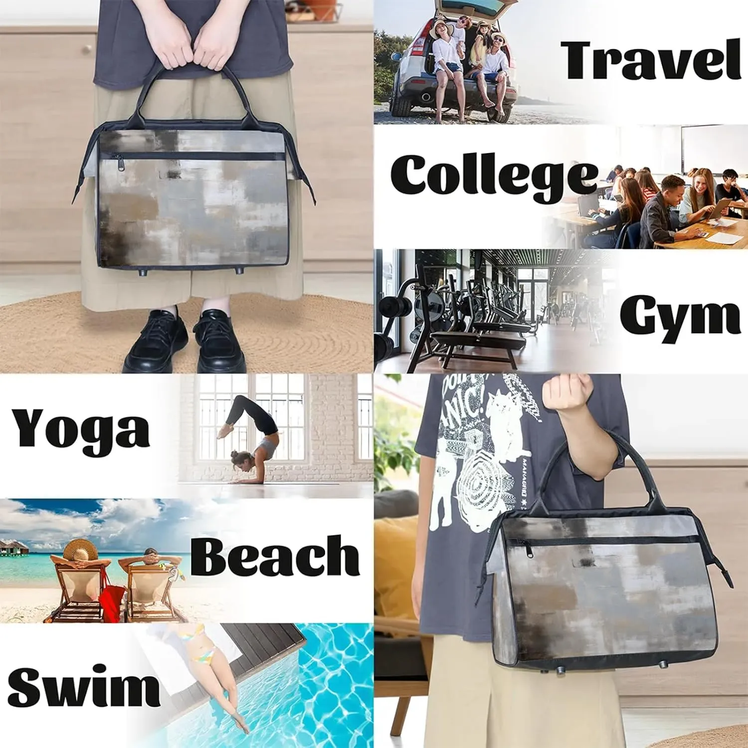 Abstract Grey White Travel Duffel Bag Gym Tote Bag for Women Men Waterproof Weekend Overnight Bag Carry On Tote Luggage with Pocket Personal Item Bags Sports Bag fit Travel Sports Gym Yoga