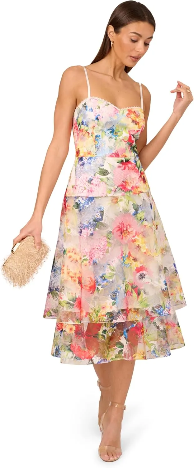 Adrianna Papell Women's Printed Embroidered Midi Dress