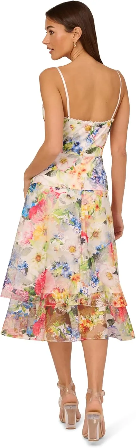 Adrianna Papell Women's Printed Embroidered Midi Dress